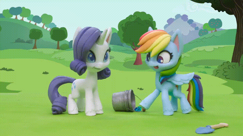 Size: 800x450 | Tagged: safe, screencap, character:rainbow dash, character:rarity, species:pegasus, species:pony, species:unicorn, g4.5, my little pony: stop motion short, my little pony:pony life, animated, gem of a problem, gif, stop motion