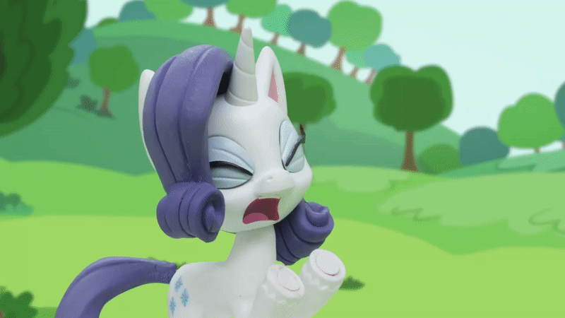 Size: 800x450 | Tagged: safe, screencap, character:rarity, species:pony, species:unicorn, g4.5, my little pony: stop motion short, my little pony:pony life, animated, eyes closed, gem of a problem, gif, hooves up, marshmelodrama, outdoors, rarity being rarity, solo, stop motion, tree, upset