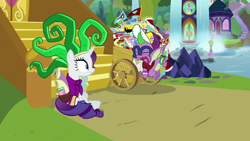 Size: 1920x1080 | Tagged: safe, screencap, character:mane-iac, character:rarity, character:spike, species:dragon, episode:dragon dropped, g4, my little pony: friendship is magic, cart, clothing, comic book, cosplay, costume, school of friendship, twilight's castle, waterfall, winged spike
