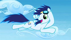 Size: 1280x720 | Tagged: safe, screencap, character:soarin', species:pegasus, species:pony, episode:rainbow falls, g4, my little pony: friendship is magic, flying, goggles, male, open mouth, solo, stallion