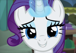 Size: 1347x939 | Tagged: safe, screencap, character:rarity, episode:made in manehattan, g4, my little pony: friendship is magic, bronybait, close-up, cropped, cute, glowing horn, horn, looking at you, raribetes, smiling, solo