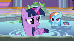 Size: 1147x645 | Tagged: safe, screencap, character:rainbow dash, character:twilight sparkle, character:twilight sparkle (alicorn), species:alicorn, species:pegasus, species:pony, episode:deep tissue memories, duo, female, folded wings, looking back, mare, ponyville spa, smiling, water, wet mane, wings