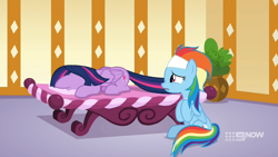 Size: 1920x1080 | Tagged: safe, screencap, character:rainbow dash, character:twilight sparkle, character:twilight sparkle (alicorn), species:alicorn, species:pony, episode:deep tissue memories, crying, massage table, spa pony rainbow dash, teary eyes