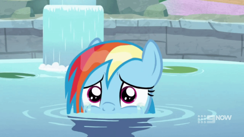 Size: 800x450 | Tagged: safe, screencap, character:rainbow dash, species:pegasus, species:pony, episode:deep tissue memories, 9go, animated, crying, cute, dashabetes, dawwww, dhx is trying to murder us, female, gif, hnnng, mare, ponyville spa, sad, sadorable, solo, water, wet mane, wet mane rainbow dash, wiping tears