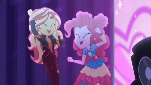 Size: 520x293 | Tagged: safe, screencap, character:pinkie pie, character:sunset shimmer, species:human, equestria girls:sunset's backstage pass, g4, my little pony:equestria girls, animated, clothing, cute, dancing, diapinkes, geode of empathy, geode of sugar bombs, gif, jacket, magical geodes, music festival outfit, scrunchie, shimmerbetes