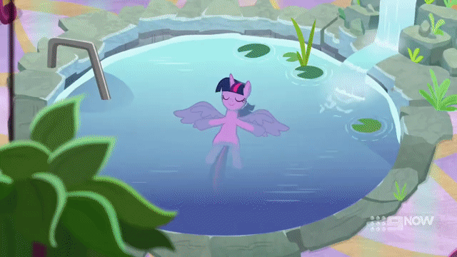 Size: 640x360 | Tagged: safe, screencap, character:rainbow dash, character:twilight sparkle, character:twilight sparkle (alicorn), species:alicorn, species:pegasus, species:pony, episode:deep tissue memories, 9now, absurd file size, absurd gif size, animated, confident, gif, happy, relaxing, smiling, swimming pool, wet