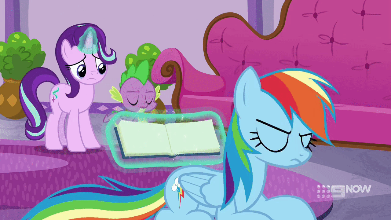 Size: 1280x720 | Tagged: safe, screencap, character:rainbow dash, character:spike, character:starlight glimmer, species:dragon, species:pegasus, species:pony, species:unicorn, episode:deep tissue memories, animated, gif, rainbow dash is not amused, starlight is not amused, unamused
