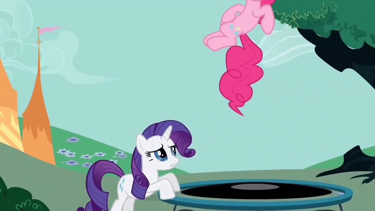 Size: 1280x720 | Tagged: safe, screencap, character:pinkie pie, character:rarity, species:earth pony, species:pony, species:unicorn, episode:the best night ever, g4, my little pony: friendship is magic, animated, bouncing, cartoon physics, defying physics, duo, eyes closed, eyeshadow, gravity defying, happy, in which pinkie pie forgets how to gravity, jumping, makeup, pinkie being pinkie, pinkie physics, pronking, smiling, trampoline