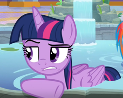 Size: 554x441 | Tagged: safe, screencap, character:twilight sparkle, character:twilight sparkle (alicorn), species:alicorn, species:pony, episode:deep tissue memories, annoyed, cropped, female, mare, solo, swimming pool, twilight is not amused, unamused, water