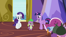 Size: 1920x1080 | Tagged: safe, screencap, character:rarity, character:spike, character:twilight sparkle, character:twilight sparkle (alicorn), species:alicorn, species:dragon, species:pony, episode:dragon dropped, g4, my little pony: friendship is magic, fainting couch, trash bag, twilight's castle, winged spike