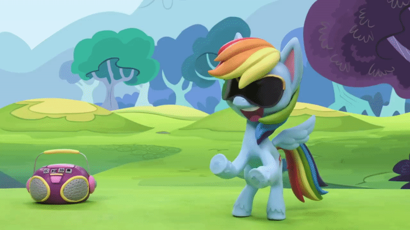 Size: 800x450 | Tagged: safe, screencap, character:rainbow dash, species:pegasus, species:pony, g4.5, my little pony: stop motion short, my little pony:pony life, animated, bipedal, dance dance, dancing, female, gif, grass, hooves up, mare, outdoors, radio, robot (dance), solo, stop motion, sunglasses, tree, wings