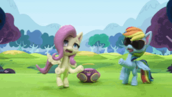 Size: 1920x1080 | Tagged: safe, screencap, character:fluttershy, character:rainbow dash, species:pegasus, species:pony, g4.5, my little pony: stop motion short, my little pony:pony life, animated, bipedal, dance dance, dancing, dizzy, excited, grass, happy, looking at each other, radio, sitting, smiling, sound, stop motion, sunglasses, sweat, sweatdrop, theme song, tired, tongue out, tree, webm, wings