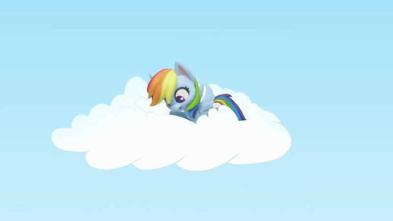 Size: 800x450 | Tagged: safe, screencap, character:rainbow dash, species:pegasus, species:pony, g4.5, my little pony: stop motion short, my little pony:pony life, animated, blinking, cloud, dance dance, gif, looking at something, shocked, sitting up, solo, stop motion, wings