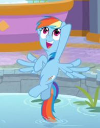 Size: 381x487 | Tagged: safe, screencap, character:rainbow dash, episode:deep tissue memories, animation error, cropped, cute, dashabetes, flying, open mouth, solo, spread wings, swimming pool, wings