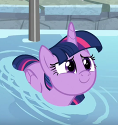 Size: 544x576 | Tagged: safe, screencap, character:twilight sparkle, character:twilight sparkle (alicorn), species:alicorn, species:pony, episode:deep tissue memories, cropped, cute, female, folded wings, mare, smiling, solo, swimming pool, twiabetes, twilight duckle, water, weapons-grade cute, wings