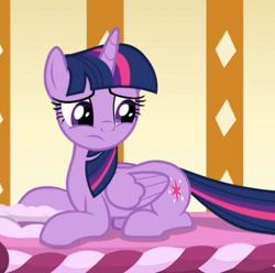 Size: 456x452 | Tagged: safe, screencap, character:twilight sparkle, character:twilight sparkle (alicorn), species:alicorn, species:pony, episode:deep tissue memories, cropped, cute, female, folded wings, mare, massage table, prone, sad, sadorable, solo, wings
