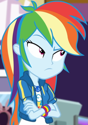 Size: 635x898 | Tagged: safe, screencap, character:rainbow dash, equestria girls:holidays unwrapped, g4, my little pony:equestria girls, canterlot mall, clothing, cloud, cropped, crossed arms, cute, dashabetes, dashing through the mall, female, geode of super speed, jacket, jewelry, lidded eyes, magical geodes, merchandise, necklace, rainbow, raised eyebrow, shirt, short sleeves, store, t-shirt, thunderbolt, unamused, wristband