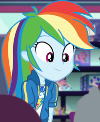 Size: 884x1080 | Tagged: safe, screencap, character:rainbow dash, equestria girls:holidays unwrapped, g4, my little pony:equestria girls, canterlot mall, clothing, cloud, cropped, cute, dashabetes, dashing through the mall, female, geode of super speed, jacket, jewelry, looking down, magical geodes, merchandise, necklace, pockets, rainbow, shirt, short sleeves, smiling, store, stuffed animals, t-shirt, thunderbolt