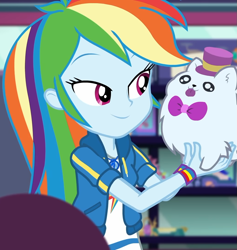 Size: 1025x1080 | Tagged: safe, screencap, character:rainbow dash, equestria girls:holidays unwrapped, g4, my little pony:equestria girls, bow tie, clothing, cloud, cropped, cute, dashabetes, dashing through the mall, female, geode of super speed, hat, jacket, jewelry, lidded eyes, magical geodes, merchandise, necklace, pockets, rainbow, shirt, short sleeves, smiling, store, stuffed animals, t-shirt, thunderbolt, wristband