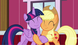 Size: 1145x666 | Tagged: safe, screencap, character:applejack, character:twilight sparkle, character:twilight sparkle (alicorn), species:alicorn, species:earth pony, species:pony, episode:harvesting memories, cheek squish, cropped, cute, duo, eyes closed, happy, holding hooves, hug, jackabetes, smiling, squishy cheeks, twiabetes