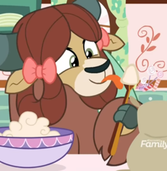 Size: 496x509 | Tagged: safe, screencap, character:yona, episode:she's all yak, g4, my little pony: friendship is magic, baking, bow, cake mix, candy, cloven hooves, cropped, cute, discovery family logo, dough, female, flour, flower, food, holding, hoof hold, licking, lollipop, pinkie pie's house, raw, tongue out, yonadorable