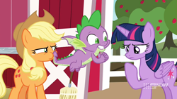 Size: 1280x720 | Tagged: safe, screencap, character:applejack, character:spike, character:twilight sparkle, character:twilight sparkle (alicorn), species:alicorn, species:earth pony, species:pony, episode:harvesting memories, female, mare, sweet apple acres
