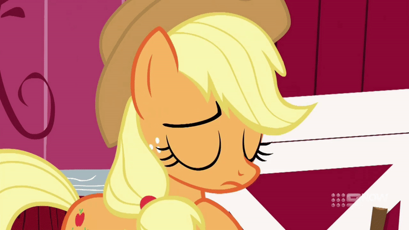 Size: 800x450 | Tagged: safe, screencap, character:applejack, character:spike, species:dragon, species:earth pony, species:pony, episode:harvesting memories, 9now, animated, applejack is not amused, applejack's hat, clothing, covering mouth, cowboy hat, dragon tail, eyes closed, freckles, gif, glare, hat, tail, unamused