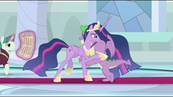 Size: 1920x1080 | Tagged: safe, screencap, character:spike, character:twilight sparkle, character:twilight sparkle (alicorn), species:alicorn, species:dragon, species:pony, species:unicorn, episode:the last problem, g4, my little pony: friendship is magic, all is well, awww, background pony, beautiful, best friends, claws, crown, duo focus, ethereal mane, female, flowing mane, flowing tail, folded wings, glowing horn, hoof shoes, hug, jewelry, levitation, lidded eyes, magic, male, mare, older, older spike, older twilight, peytral, princess twilight 2.0, professor mossmane, professor mosstone, regalia, royal advisor, stallion, telekinesis, throne room, winged spike
