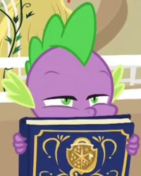 Size: 782x976 | Tagged: safe, screencap, character:spike, species:dragon, episode:harvesting memories, book, cropped, narrowed eyes, peeking, solo, sweet apple acres