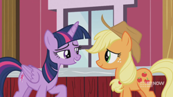 Size: 1280x720 | Tagged: safe, screencap, character:applejack, character:twilight sparkle, character:twilight sparkle (alicorn), species:alicorn, species:earth pony, species:pony, episode:harvesting memories, bedroom eyes, duo, female, looking at each other, mare, sweet apple acres, sweet apple acres barn