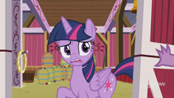 Size: 1280x720 | Tagged: safe, screencap, character:spike, character:twilight sparkle, character:twilight sparkle (alicorn), species:alicorn, species:dragon, species:pony, episode:harvesting memories, 9now, barrel, female, mare, scared, sweet apple acres, sweet apple acres barn