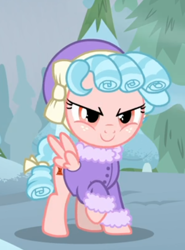 Size: 384x519 | Tagged: safe, screencap, character:cozy glow, episode:frenemies, g4, my little pony: friendship is magic, clothing, cropped, evil grin, grin, raised hoof, smiling, solo, winter outfit
