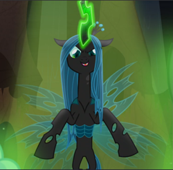 Size: 953x943 | Tagged: safe, screencap, character:queen chrysalis, species:changeling, episode:frenemies, g4, my little pony: friendship is magic, cropped, evil grin, glowing horn, grin, horn, smiling, solo