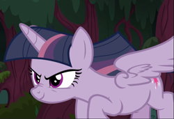 Size: 1233x845 | Tagged: safe, screencap, character:mean twilight sparkle, episode:the mean 6, g4, my little pony: friendship is magic, cropped, evil grin, flying, grin, smiling, solo, spread wings, wings