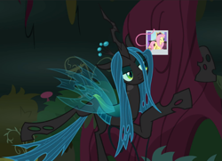Size: 1295x938 | Tagged: safe, screencap, character:fluttershy, character:queen chrysalis, episode:the mean 6, g4, my little pony: friendship is magic, cropped, cute, cutealis, lidded eyes, picture, solo, tree