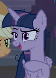 Size: 641x891 | Tagged: safe, screencap, character:mean applejack, character:mean twilight sparkle, episode:the mean 6, g4, my little pony: friendship is magic, clone, cropped, open mouth, raised eyebrow, smiling, solo focus