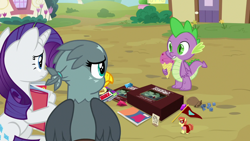 Size: 1920x1080 | Tagged: safe, screencap, character:gabby, character:rarity, character:spike, species:dragon, episode:dragon dropped, g4, my little pony: friendship is magic, comic book, dice, dungeons and dragons, food, ice cream, ogres and oubliettes, winged spike