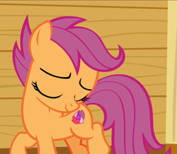 Size: 1078x938 | Tagged: safe, screencap, character:scootaloo, species:pegasus, species:pony, episode:on your marks, g4, my little pony: friendship is magic, clubhouse, cropped, crusaders clubhouse, cute, cutealoo, eyes closed, female, filly, smiling, solo