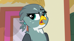 Size: 1920x1080 | Tagged: safe, screencap, character:gabby, species:griffon, episode:dragon dropped, g4, my little pony: friendship is magic, eyeroll, female, gabby is not amused, head feathers, narrowed eyes, ponytail, raised eyebrow, solo, talking, unimpressed