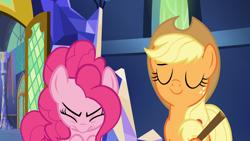 Size: 1920x1080 | Tagged: safe, screencap, character:applejack, character:pinkie pie, species:earth pony, species:pony, episode:the one where pinkie pie knows, g4, my little pony: friendship is magic, duo, twilight's castle