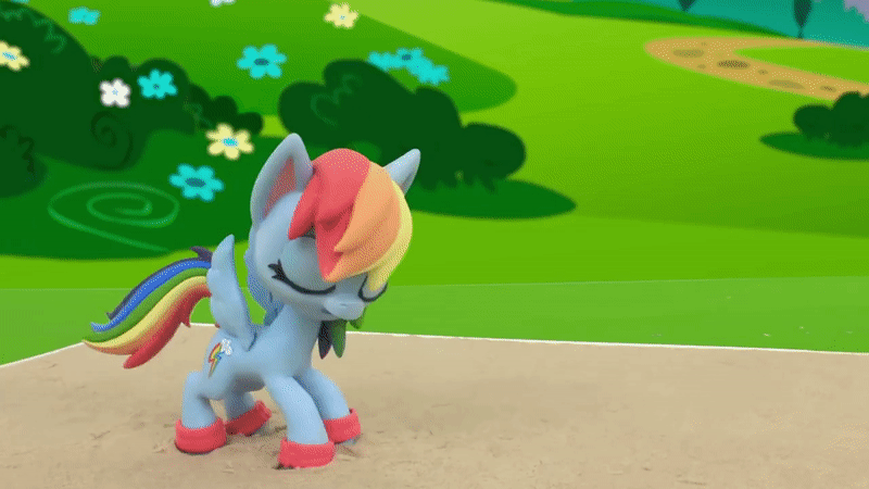 Size: 800x450 | Tagged: safe, screencap, character:rainbow dash, species:pegasus, species:pony, g4.5, my little pony: stop motion short, my little pony:pony life, animated, backwards cutie mark, dancing, eyes closed, gif, laughing, marewings, sand, solo, somersault, stop motion, volleyball game between rainbow dash and applejack, volleyball net