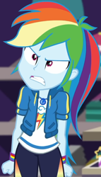 Size: 512x895 | Tagged: safe, screencap, character:rainbow dash, equestria girls:holidays unwrapped, g4, my little pony:equestria girls, angry, canterlot mall, clothing, cloud, cropped, cute, dashabetes, dashing through the mall, female, fist, hoodie, jacket, jewelry, merchandise, necklace, pants, pockets, rainbow, shirt, short sleeves, solo, store, t-shirt, talking, thunderbolt, unamused, wristband