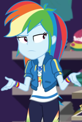 Size: 643x955 | Tagged: safe, screencap, character:rainbow dash, equestria girls:holidays unwrapped, g4, my little pony:equestria girls, canterlot mall, cap, clothing, cloud, cropped, dashing through the mall, female, geode of super speed, hat, hoodie, jacket, jewelry, lidded eyes, magical geodes, merchandise, necklace, pants, pockets, rainbow, raised eyebrow, shirt, short sleeves, solo, store, t-shirt, thunderbolt, unamused, wristband