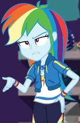 Size: 618x948 | Tagged: safe, screencap, character:rainbow dash, equestria girls:holidays unwrapped, g4, my little pony:equestria girls, annoyed, canterlot mall, clothing, cloud, cropped, cute, dashabetes, dashing through the mall, female, geode of super speed, hand on hip, hoodie, jacket, jewelry, lidded eyes, magical geodes, necklace, pants, pockets, rainbow, raised eyebrow, shirt, short sleeves, solo, store, t-shirt, talking, thunderbolt, unamused, wristband