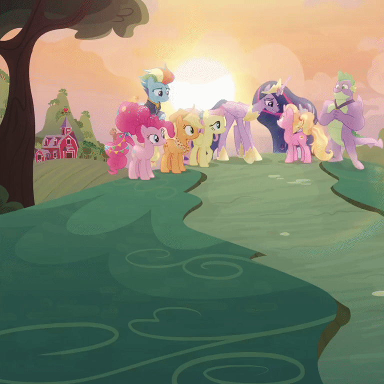 Size: 768x768 | Tagged: safe, screencap, character:applejack, character:fluttershy, character:luster dawn, character:pinkie pie, character:rainbow dash, character:rarity, character:spike, character:twilight sparkle, character:twilight sparkle (alicorn), species:alicorn, species:dragon, species:earth pony, species:pegasus, species:pony, species:unicorn, species:yak, derpibooru, episode:the last problem, g4, my little pony: friendship is magic, animated, cropped, exploitable meme, forced juxtaposition, gigachad spike, juxtaposition, juxtaposition fail, mane seven, mane six, meme, meta, multi image animation, older, older applejack, older fluttershy, older mane seven, older mane six, older pinkie pie, older rainbow dash, older rarity, older spike, older twilight, ponyville, yelena
