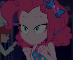 Size: 1311x1080 | Tagged: safe, screencap, character:pinkie pie, equestria girls:spring breakdown, g4, my little pony:equestria girls, bow, choker, clothing, cropped, cruise, cruise outfit, cruise ship, curly hair, cute, dark, dark background, diapinkes, female, geode of sugar bombs, hair bow, heart, jewelry, lidded eyes, magical geodes, raised eyebrows, sleeveless, solo focus, spring break, yacht