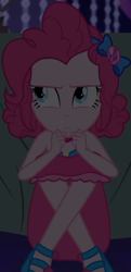 Size: 512x1060 | Tagged: safe, screencap, character:pinkie pie, equestria girls:spring breakdown, g4, my little pony:equestria girls, ankles, annoyed, bow, choker, clothing, cropped, cruise, cruise outfit, cruise ship, curly hair, cute, dark, dark background, diapinkes, female, geode of sugar bombs, hair bow, hiding, jewelry, looking up, magical geodes, sandals, skirt, sleeveless, solo, spring break, table, yacht