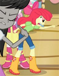 Size: 2915x3782 | Tagged: safe, screencap, character:apple bloom, character:octavia melody, character:paisley, character:sandalwood, character:sweetie belle, equestria girls:rainbow rocks, g4, my little pony:equestria girls, angry, apple bloom's bow, boots, bow, clothing, cropped, eyes closed, hair bow, jeans, pants, pointing, shirt, shoes, skirt, solo focus