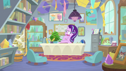 Size: 1920x1080 | Tagged: safe, screencap, character:phyllis, character:starlight glimmer, species:pony, species:unicorn, episode:a horse shoe-in, g4, my little pony: friendship is magic, book, bookshelf, box kite, faec, female, inkwell, kite, mare, office, philodendron, potted plant, quill, scroll, solo, starlight's office, wavy mouth