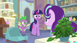 Size: 1920x1080 | Tagged: safe, screencap, character:phyllis, character:spike, character:starlight glimmer, character:twilight sparkle, character:twilight sparkle (alicorn), species:alicorn, species:dragon, species:pony, species:unicorn, episode:a horse shoe-in, g4, my little pony: friendship is magic, book, bookshelf, female, male, mare, philodendron, potted plant, scroll, starlight's office, winged spike